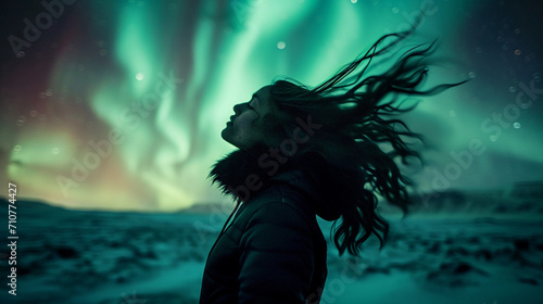 portrait with the subject’s hair flowing upwards into an aurora borealis