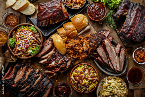 Southern barbecue feast, a mouthwatering image showcasing a hearty spread of Southern barbecue dishes with ribs, pulled pork, and classic sides. photo