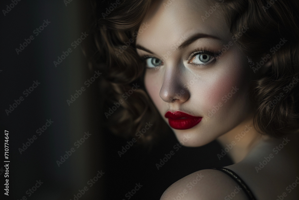 Fototapeta premium Femme fatale portrait, smoky eye makeup, seductive red lips, classic 1940s hairstyle, mysterious ambiance