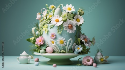  a cake decorated with flowers and birds on top of a cake platter, surrounded by small eggs and flowers.