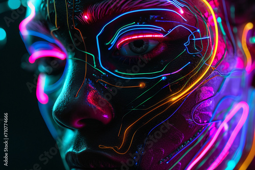  Futuristic cyborg face with glowing neon lines and psychedelic circuitry, black background with bright color splashes