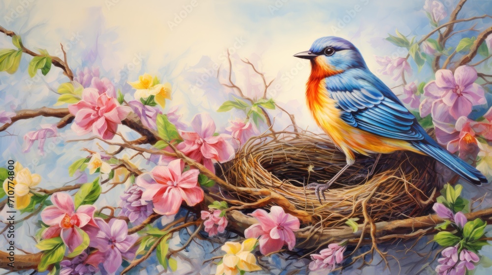  a painting of a blue bird sitting on top of a nest in a tree filled with pink and yellow flowers.
