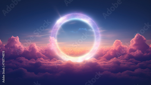 Beautiful neon colorful cloud with a rainbow ring background, in the style of luminous light effects, realistic landscapes with soft edges, dark violet and orange. 