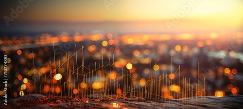 Blurred bokeh effect with stock market charts and banking imagery in a captivating composition