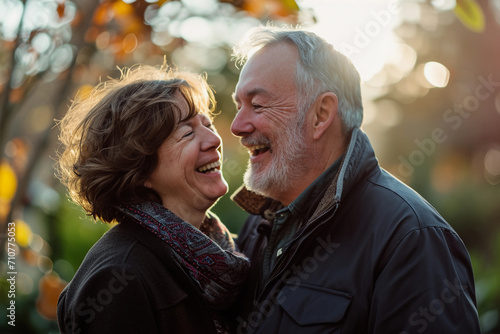 couple laughing together, vibrant city park background