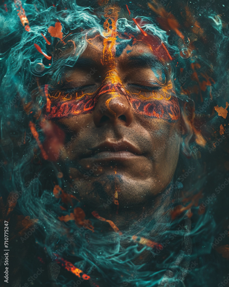 shaman portrait, aura of vivid swirling energies, eyes closed in deep trance, tribal markings