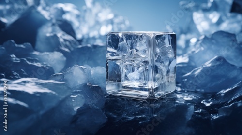  a block of ice sitting on top of a pile of ice cubes in the middle of a pile of ice.