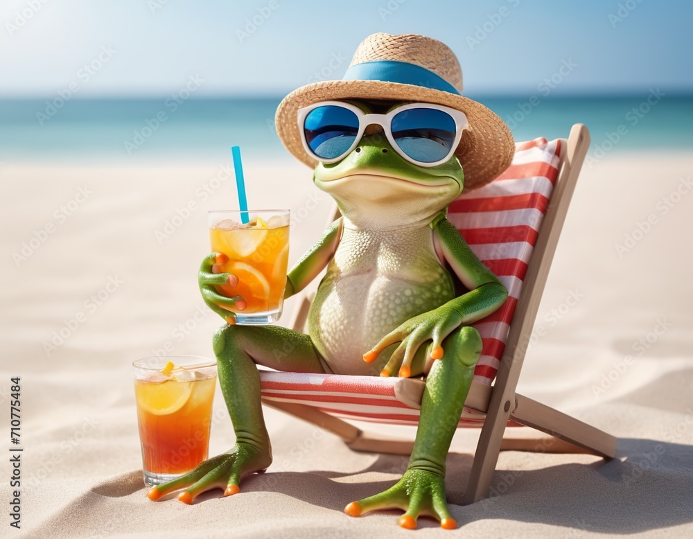Funny frog wearing summer hat and stylish sunglasses, holding glass with ice drink on beach chair isolated over white background. Summer holiday and vacation concept.
