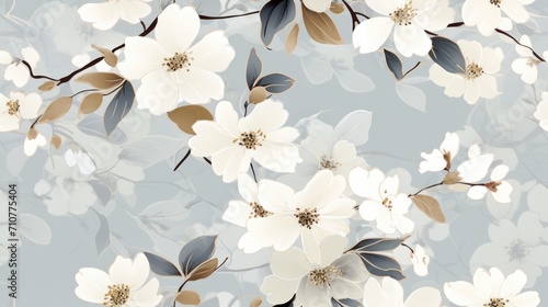  a pattern of white flowers and leaves on a blue and gray background with a white and brown flower on the left side of the image.