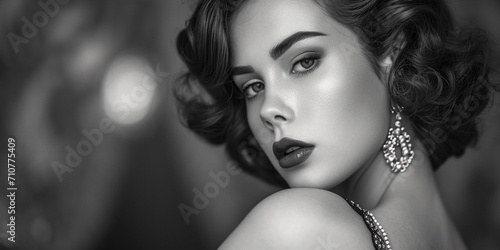 Old Hollywood glamour portrait, classic starlet with marcel waves, high-contrast black and white photo