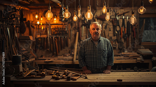 man in his workshop, surrounded by woodworking tools inherited from his father