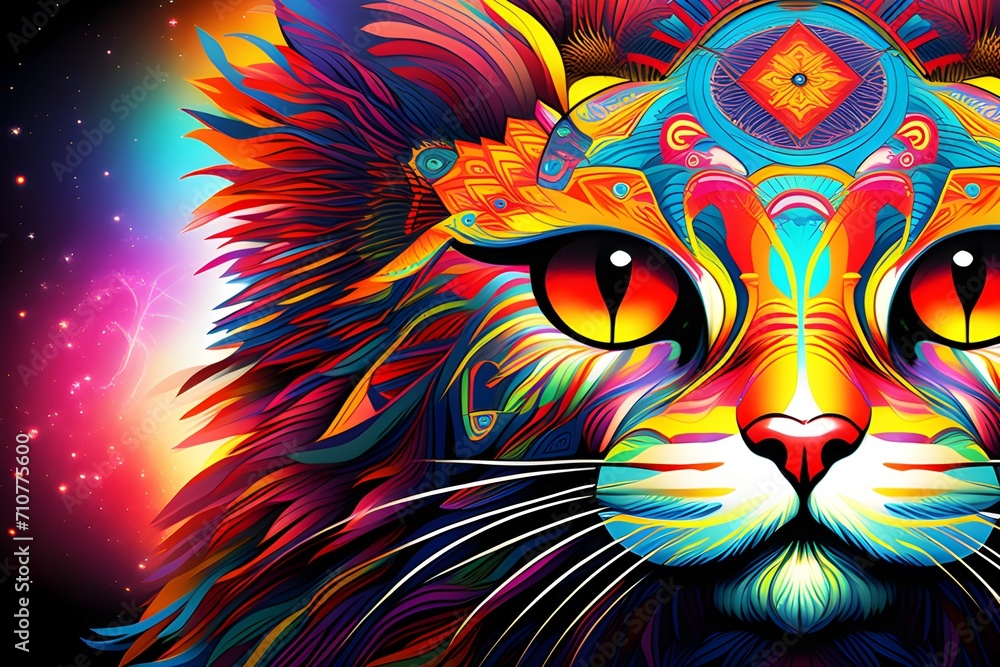 Cosmic mystique with this AI-crafted DMT-style artwork featuring an intricate psychedelic mandala cat face on a captivating black background. Vibrant, mind-bending synthesis.