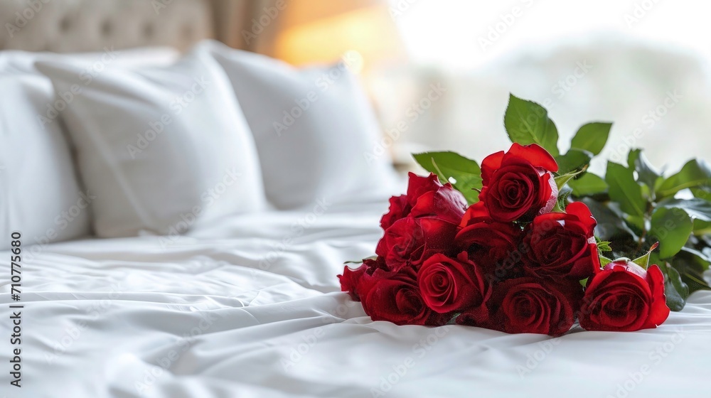 Fototapeta premium Bouquet of Red Roses with Luxurious Comfort bed