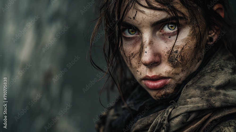 Post-apocalyptic survivor portrait, grungy backdrop, face smeared with dirt, intense eyes, tattered clothing