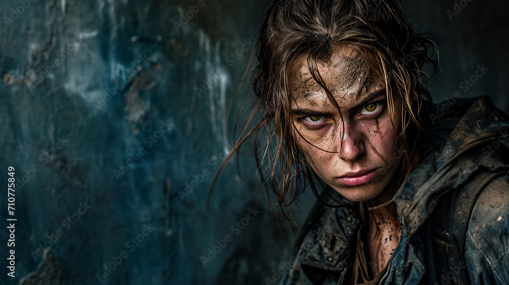Post-apocalyptic survivor portrait, grungy backdrop, face smeared with dirt, intense eyes, tattered clothing Post-apocalyptic survivor portrait, grungy backdrop, face smeared with dirt, intense eyes, tattered clothing