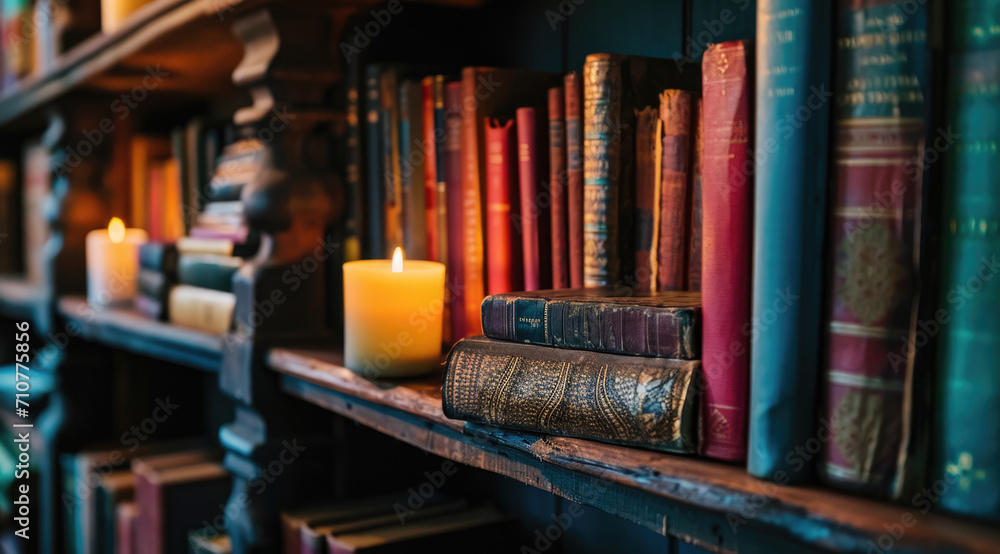 Bookshelf photo features vibrant covers and a lit candle