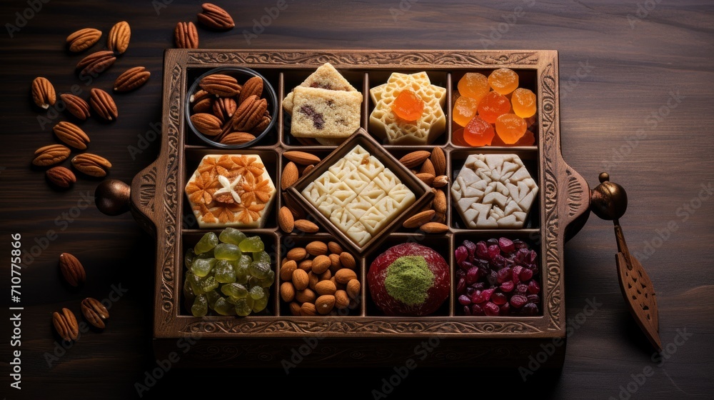  a wooden tray filled with lots of different types of nuts and nuts on top of a wooden table next to a spoon.