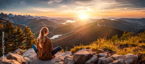 Girl sitting on top mounting and enjoying yellow sunrise. Hiking woman relaxing on the cliff looking at a beautiful sunlit landscape. Green valley in sunlight