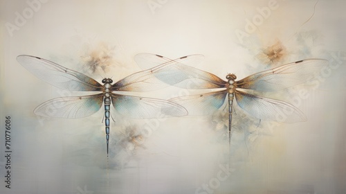  a painting of two dragonflies sitting on top of each other on a white and beige background with a blue sky in the background.