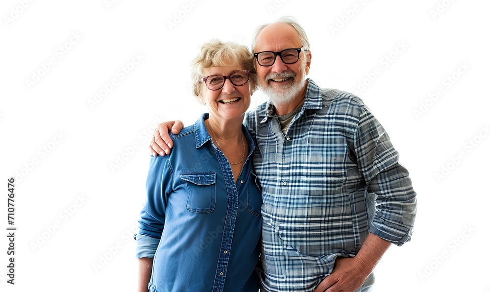 © yj - Portrait of smiling senior couple wearing blue jeans, isolated on white background. generative AI