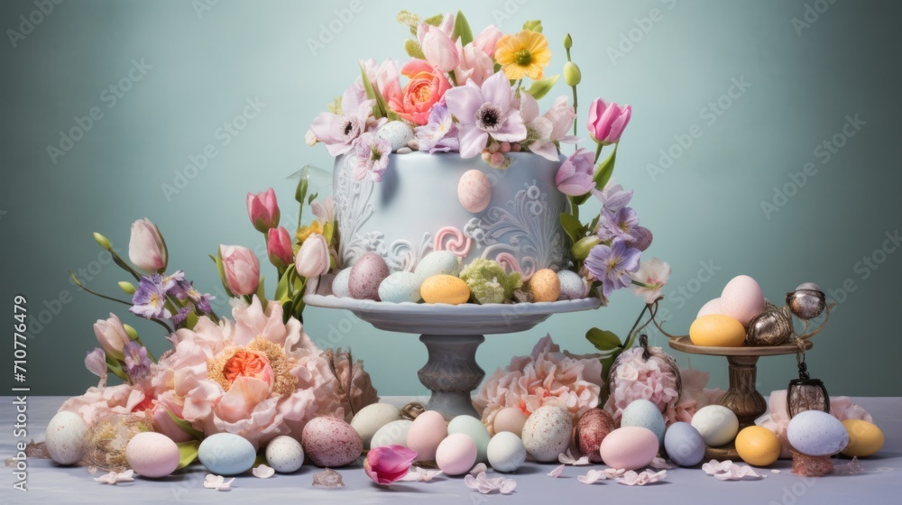  a cake decorated with flowers and eggs on a table next to a bunch of fake flowers and eggs on a table.