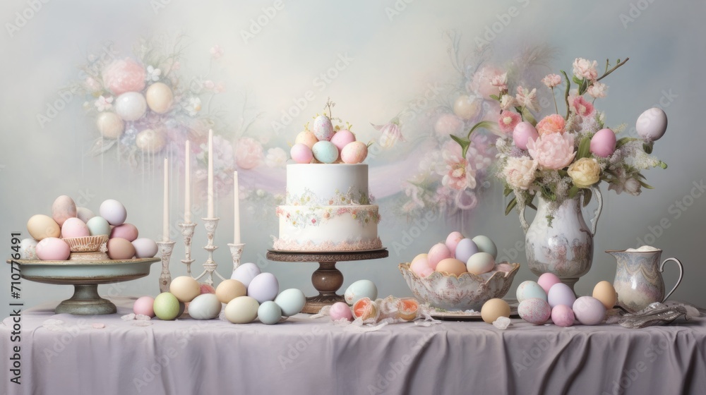 a table topped with a cake covered in frosting next to a vase of flowers and a cake covered in eggs. a table topped with a cake covered in frosting next to a vase of flowers and a cake covered in eggs.