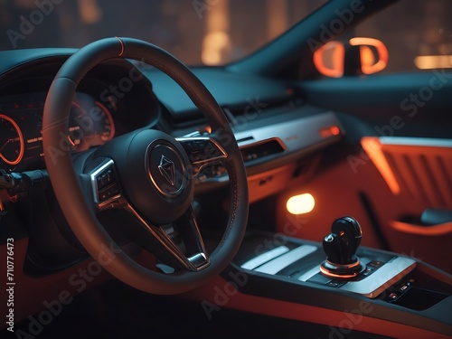 Car interior details. Dashboard and steering wheel. Generative AI © Royalty-Free