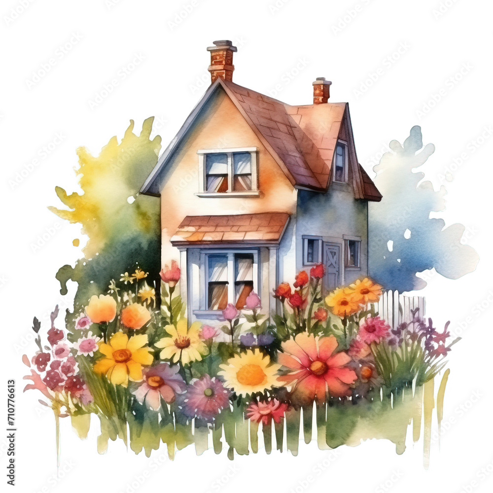 Landhaus mit blühenden Blumen Aquarell Charmante Hausillustration Blumenpracht Kunstwerk Heimische Atmosphäre Wandbild Naturnahe Dekoration