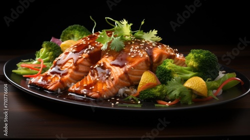  a plate of salmon, broccoli, carrots, and other vegetables on a black plate on a wooden table.