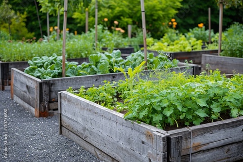 Community kitchen garden. Raised garden beds with plants in vegetable community garden. © Areesha