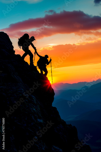 Hiker helping friend reach the mountain top