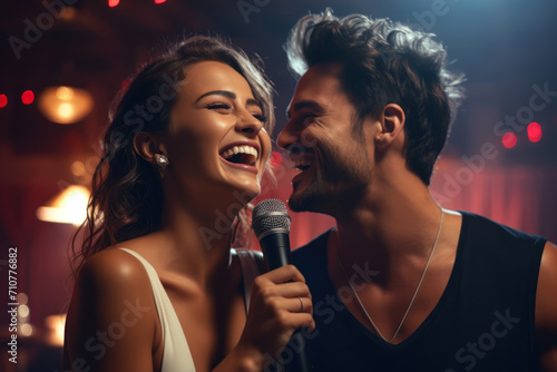A laughter-filled karaoke night, the couple singing duets and embracing the joy of shared music. Concept of melodic connection. Generative Ai.