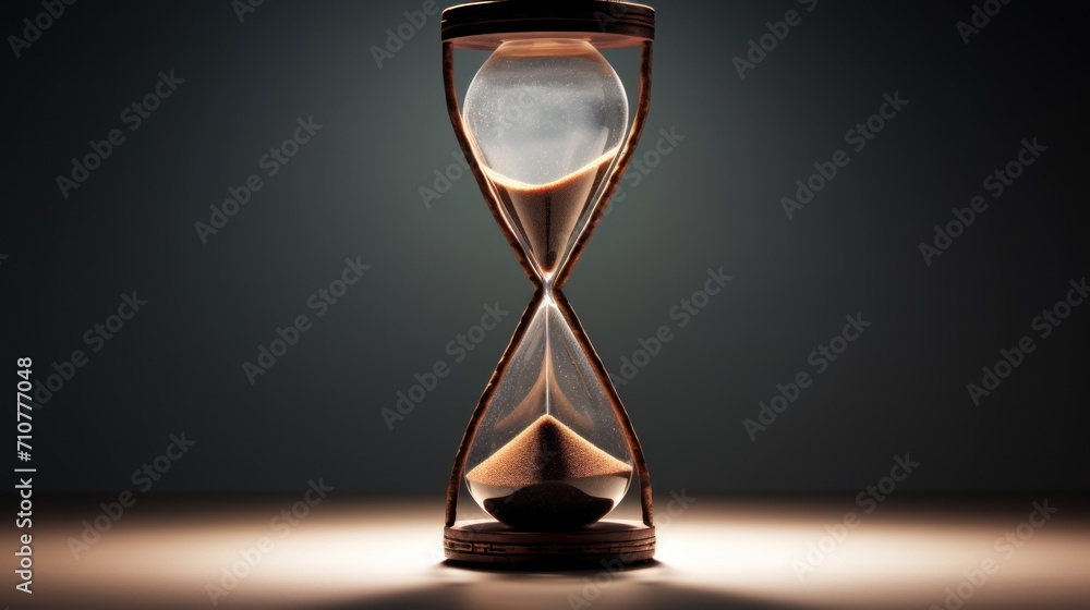 an hourglass sitting on a table with a light coming through the top of ...