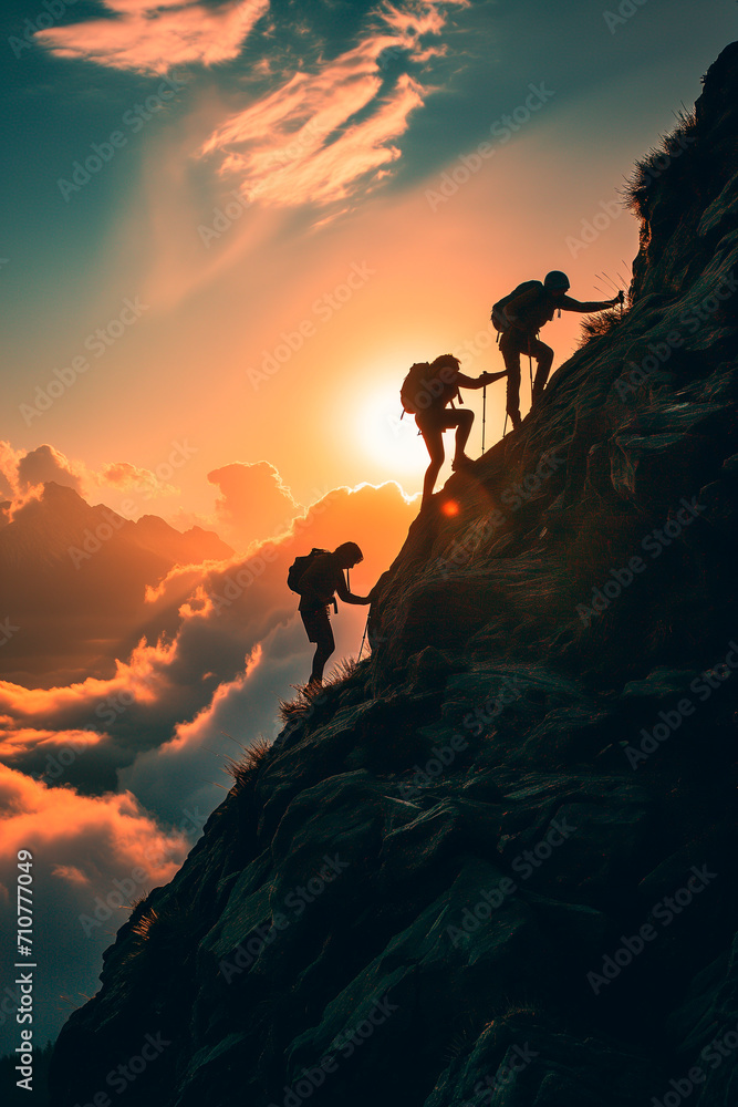 Hiker helping friend reach the mountain top