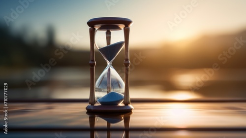  an hourglass sitting on top of a table next to a body of water with a sunset in the background.