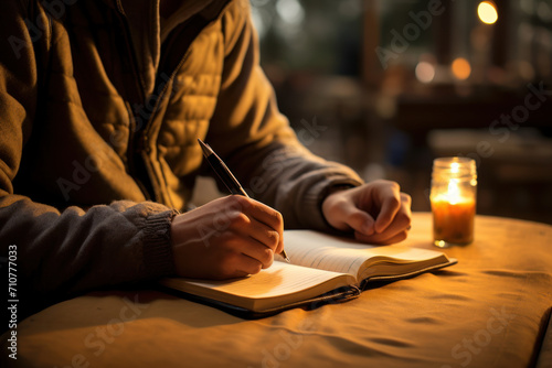 A person jotting down thoughts in a well-worn journal every morning, embodying the ritual of reflective self-expression. Concept of mindful journaling. Generative Ai. photo