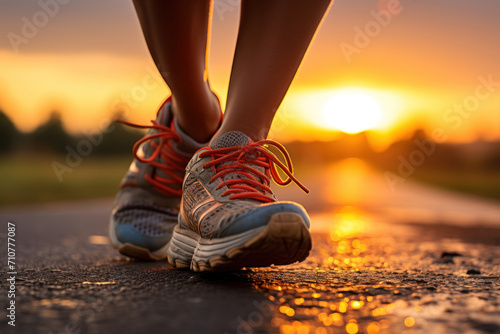 Someone lacing up running shoes at dawn, ready to hit the pavement and embrace the invigorating habit of early morning exercise. Concept of daily fitness commitment. Generative Ai.