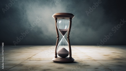  an hourglass sitting on a tile floor in the middle of a room with a dark wall in the background.