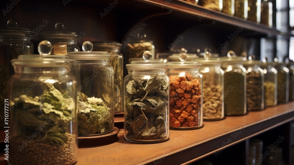 Glass jars of dry lavender and calendula flowers. Jars of dry medicinal herbs for making herbal tea. Alternative medicine. - obrazy, fototapety, plakaty 