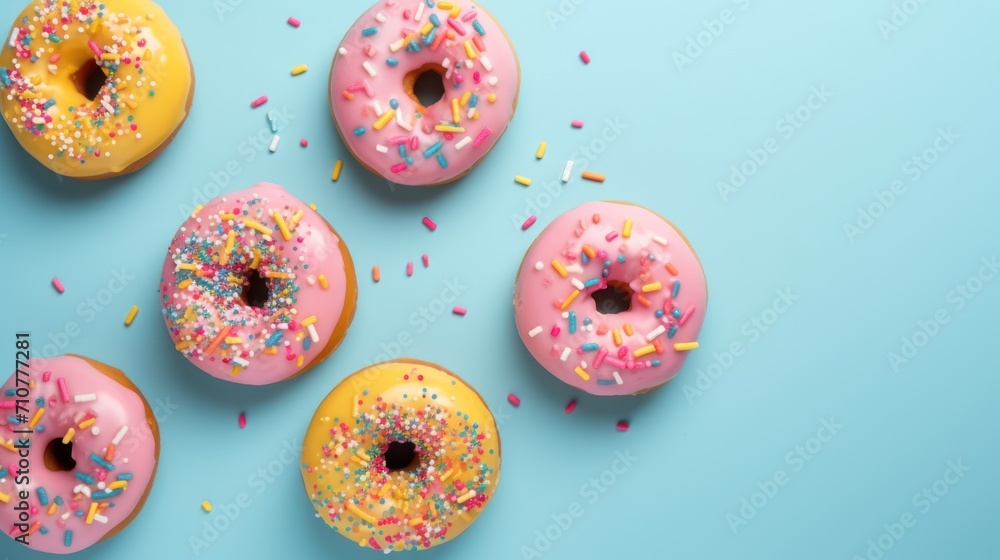  four donuts with pink frosting and sprinkles on a blue background with sprinkles.