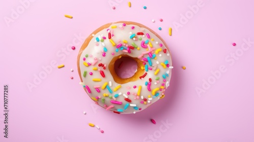  a donut with white frosting and sprinkles on a pink background with colored sprinkles.