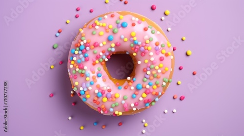  a donut with pink icing and sprinkles on a purple surface with a few scattered sprinkles.