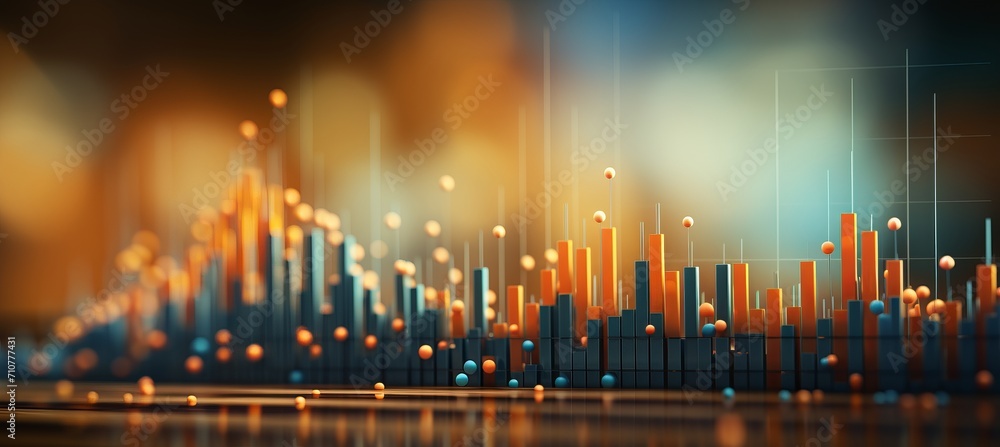 Abstract blurred bokeh effect with stock market charts and banking related imagery in vibrant colors - obrazy, fototapety, plakaty 