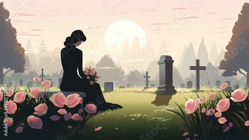 Young widow laying flowers at the grave of her lover / husband illustration.