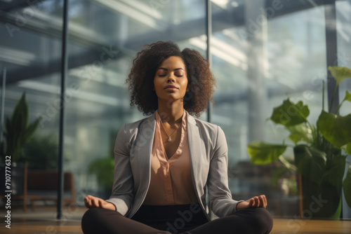 A person practicing mindful breathing exercises during a break at work, embracing the habit of stress relief through intentional breathwork. Concept of mindful relaxation. Generative Ai. #710777632