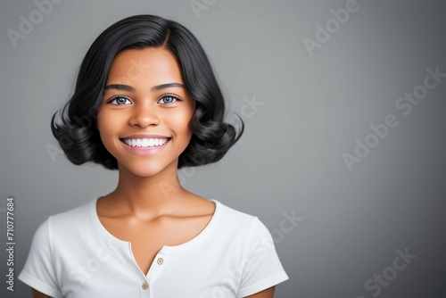 brünette model, young girl, beautiful girl, teen, teen girl, model, white teeth. Generated AI 