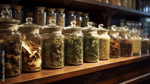 Glass jars of dry lavender and calendula flowers. Jars of dry medicinal herbs for making herbal tea. Alternative medicine. photo