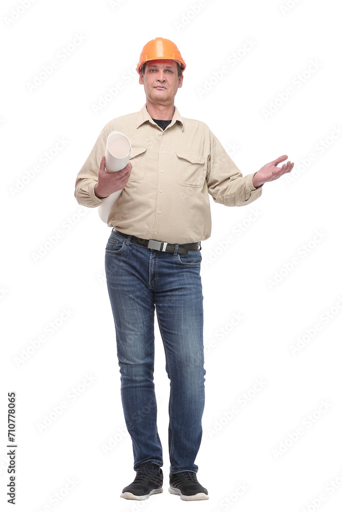 Full length portrait of an architect with an orange helmet holding construction plans