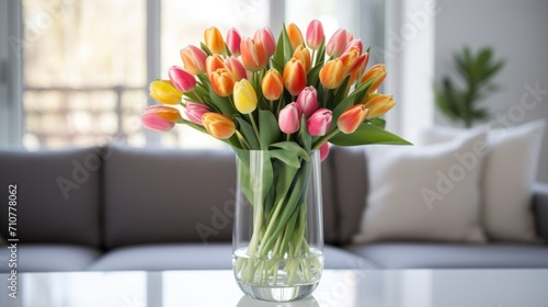  a vase full of colorful tulips on a table in a living room with a couch in the background.