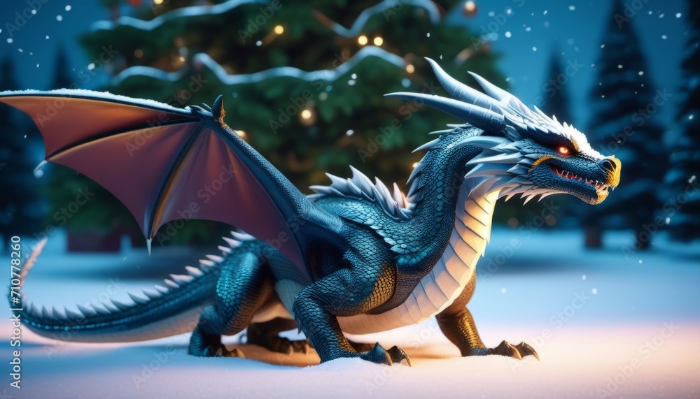 Obraz premium A blue dragon with red eyes stands in the snow in front of a Christmas tree.